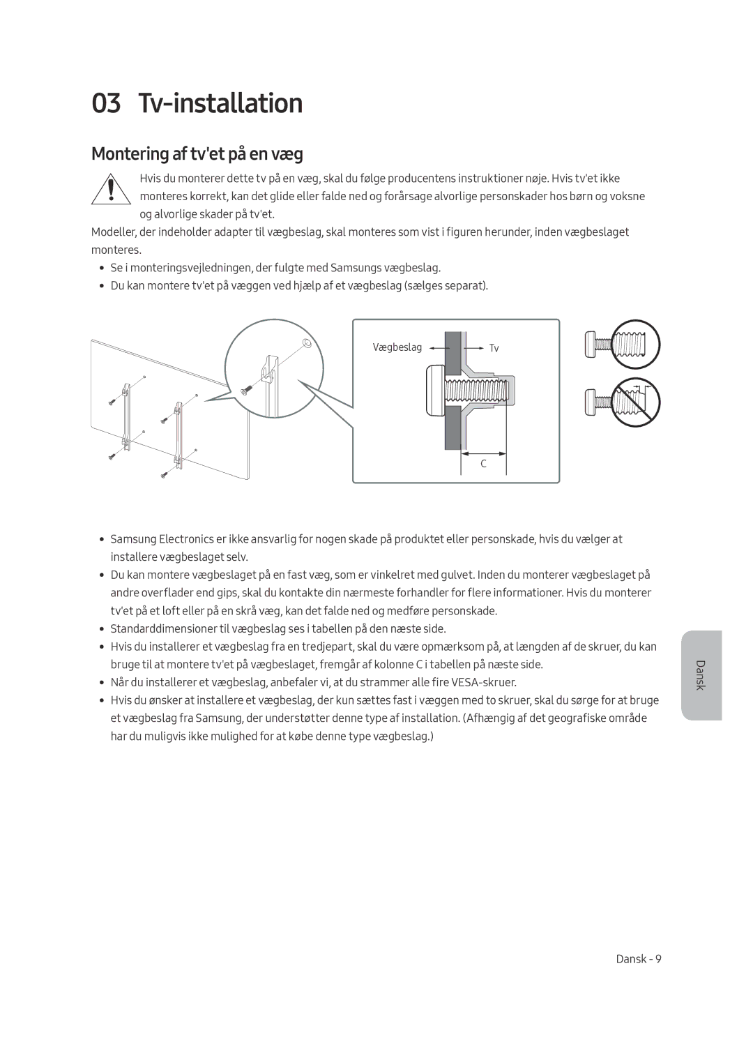 Samsung QE88Q9FAMTXXC, QE65Q9FAMTXXH, QE65Q9FAMTXXC, QE88Q9FAMTXXH manual Tv-installation, Montering af tvet på en væg 