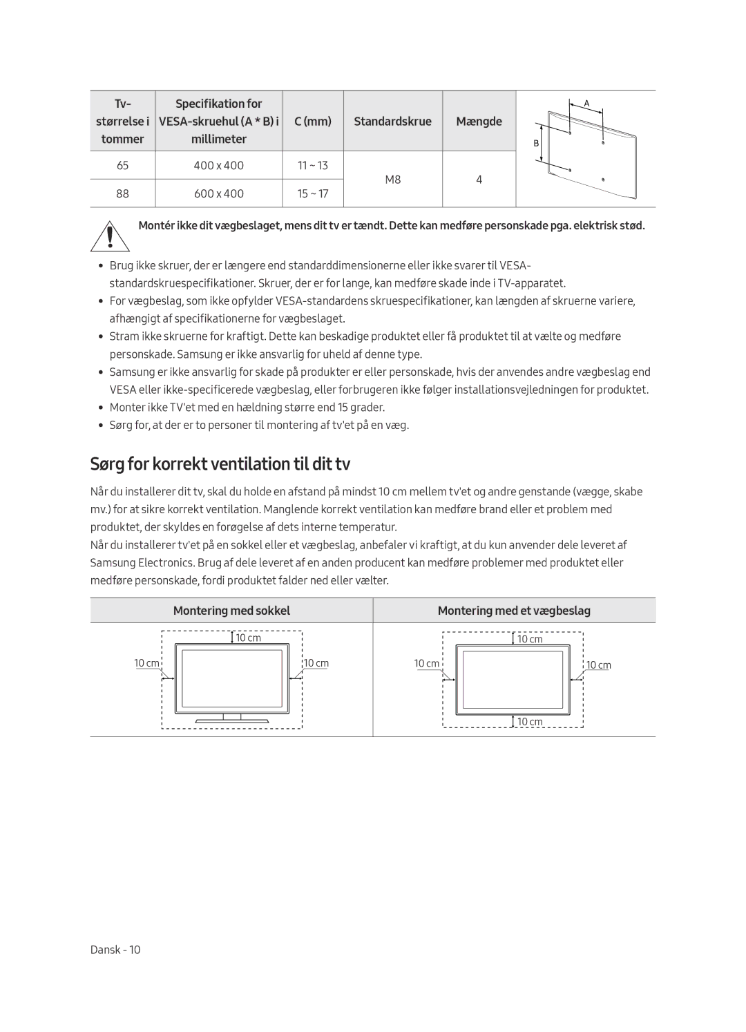 Samsung QE65Q9FAMTXXC, QE65Q9FAMTXXH manual Sørg for korrekt ventilation til dit tv, Specifikation for, Tommer Millimeter 