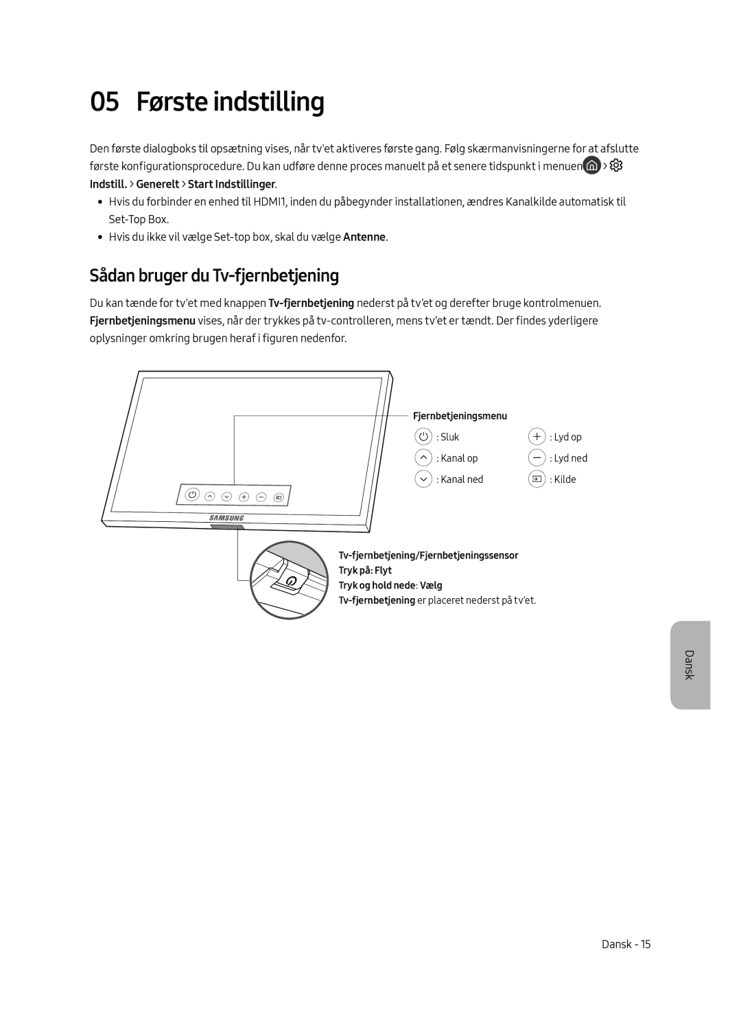 Samsung QE88Q9FAMTXXH, QE65Q9FAMTXXH, QE88Q9FAMTXXC, QE65Q9FAMTXXC 05 Første indstilling, Sådan bruger du Tv-fjernbetjening 