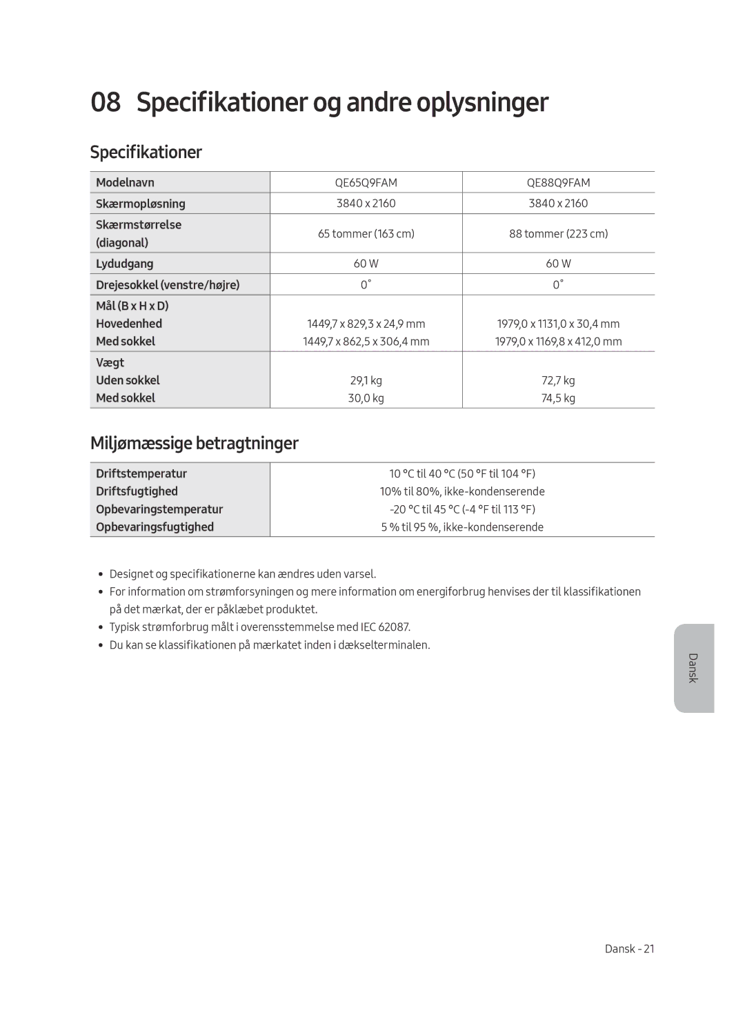 Samsung QE88Q9FAMTXXC, QE65Q9FAMTXXH, QE65Q9FAMTXXC manual Specifikationer og andre oplysninger, Miljømæssige betragtninger 