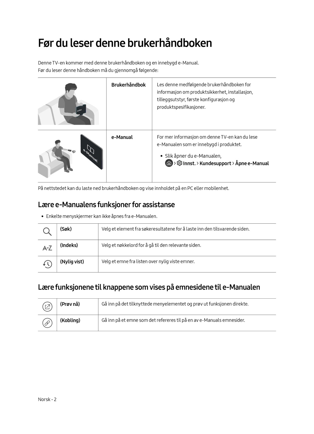 Samsung QE65Q9FAMTXXH, QE88Q9FAMTXXC manual Før du leser denne brukerhåndboken, Lære e-Manualens funksjoner for assistanse 