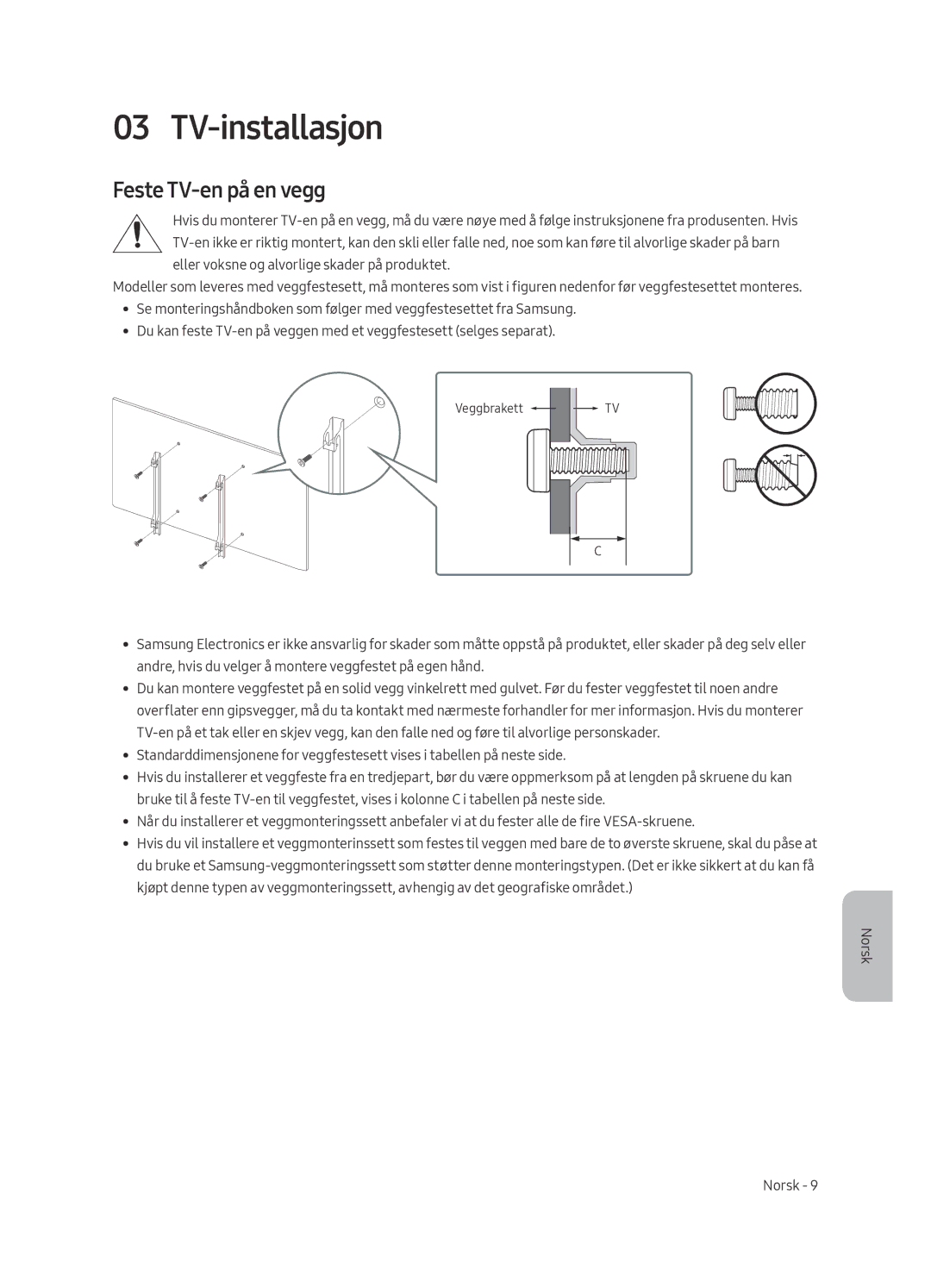 Samsung QE88Q9FAMTXXH, QE65Q9FAMTXXH, QE88Q9FAMTXXC, QE65Q9FAMTXXC manual TV-installasjon, Feste TV-en på en vegg 