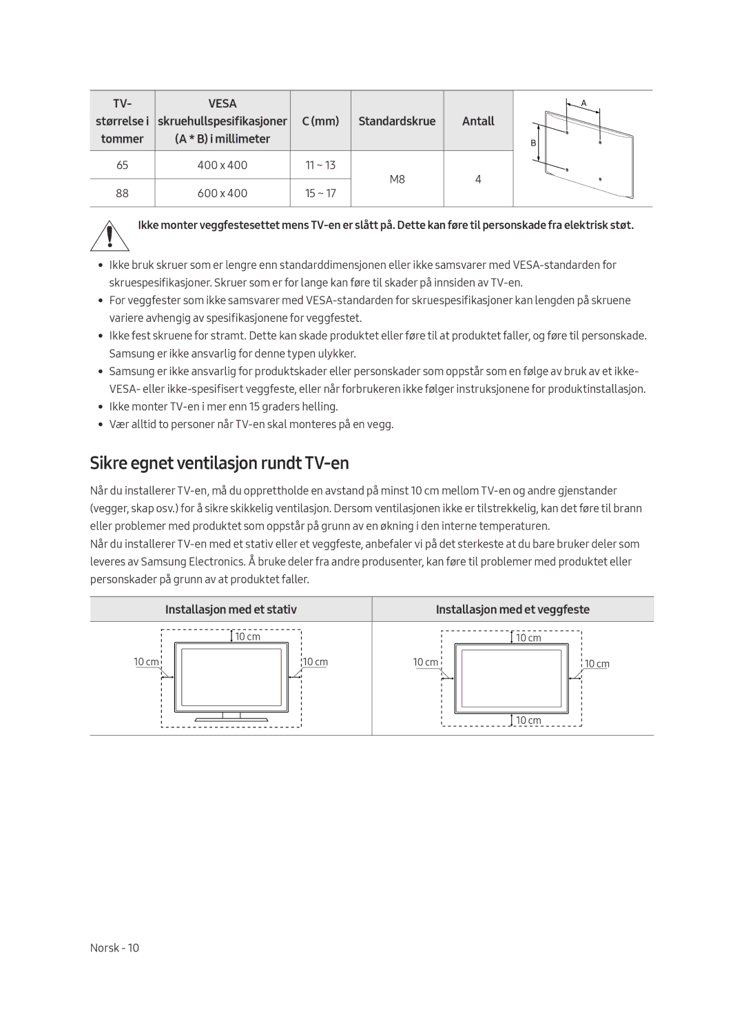 Samsung QE65Q9FAMTXXH, QE88Q9FAMTXXC, QE65Q9FAMTXXC, QE88Q9FAMTXXH manual Sikre egnet ventilasjon rundt TV-en, Antall 