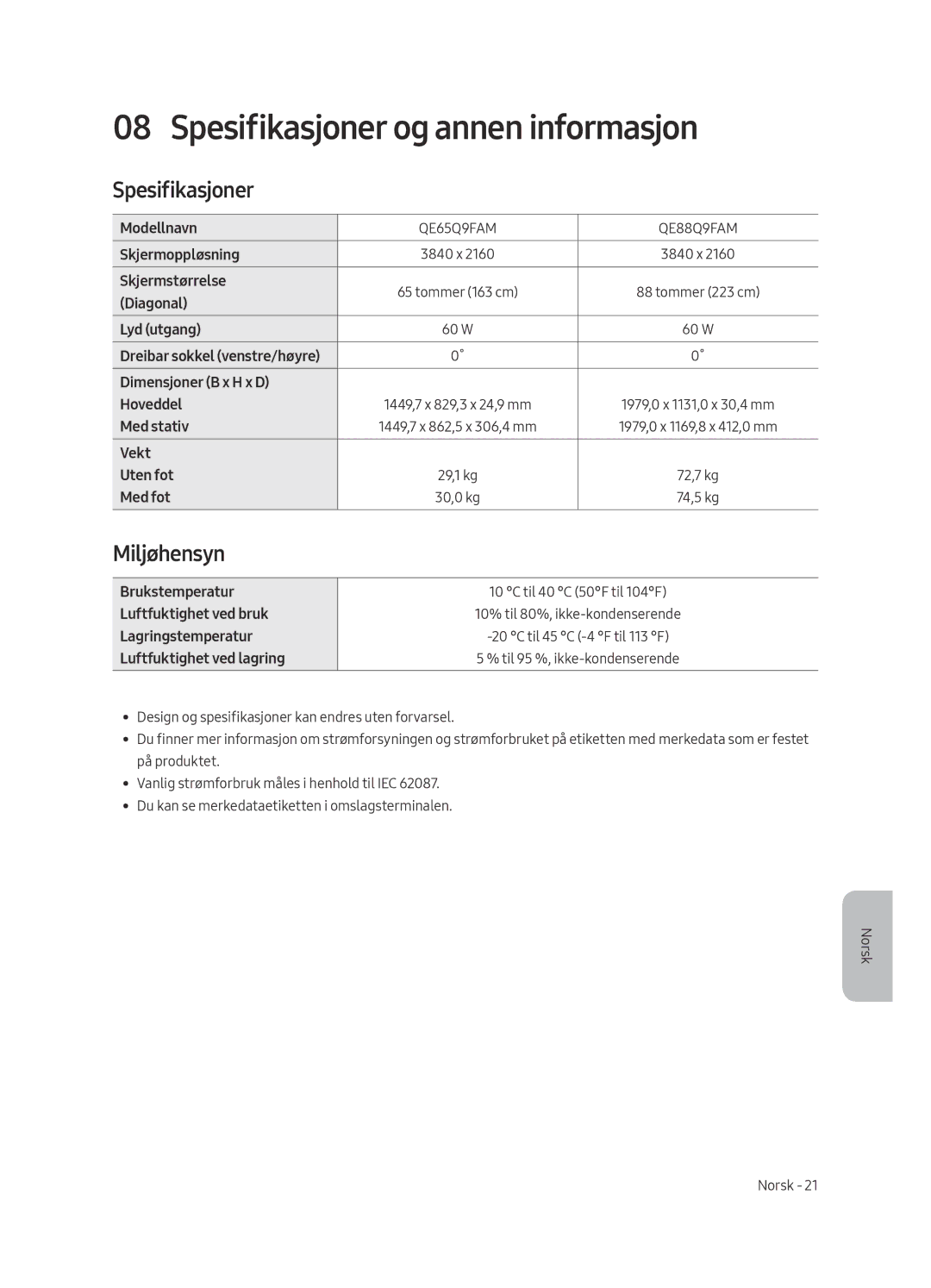 Samsung QE88Q9FAMTXXH, QE65Q9FAMTXXH, QE88Q9FAMTXXC, QE65Q9FAMTXXC manual Spesifikasjoner og annen informasjon, Miljøhensyn 