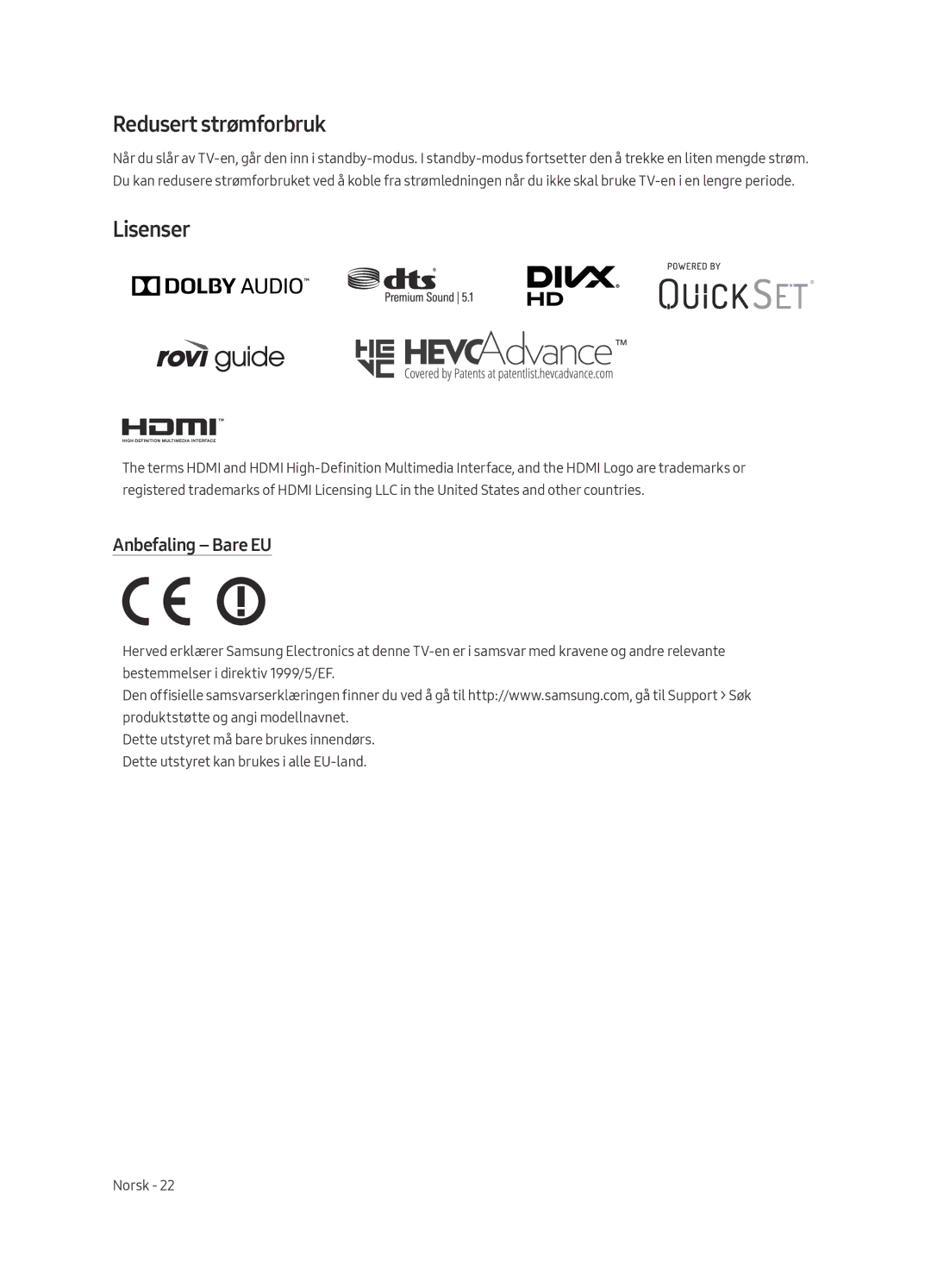 Samsung QE65Q9FAMTXXH, QE88Q9FAMTXXC, QE65Q9FAMTXXC, QE88Q9FAMTXXH manual Redusert strømforbruk, Lisenser, Anbefaling Bare EU 