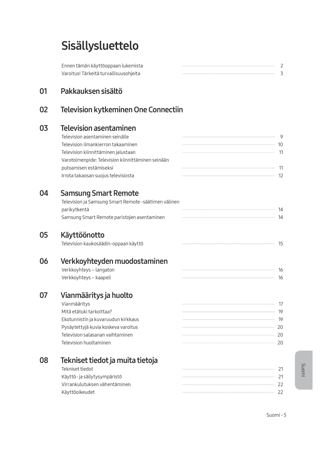 Samsung QE88Q9FAMTXXC, QE65Q9FAMTXXH Sisällysluettelo, Käyttöönotto, Verkkoyhteyden muodostaminen, Vianmääritys ja huolto 