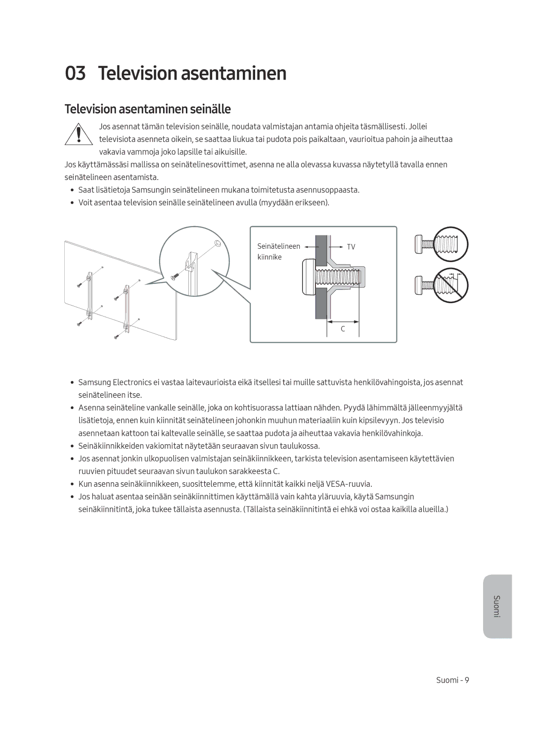 Samsung QE88Q9FAMTXXC, QE65Q9FAMTXXH, QE65Q9FAMTXXC, QE88Q9FAMTXXH manual Television asentaminen seinälle 