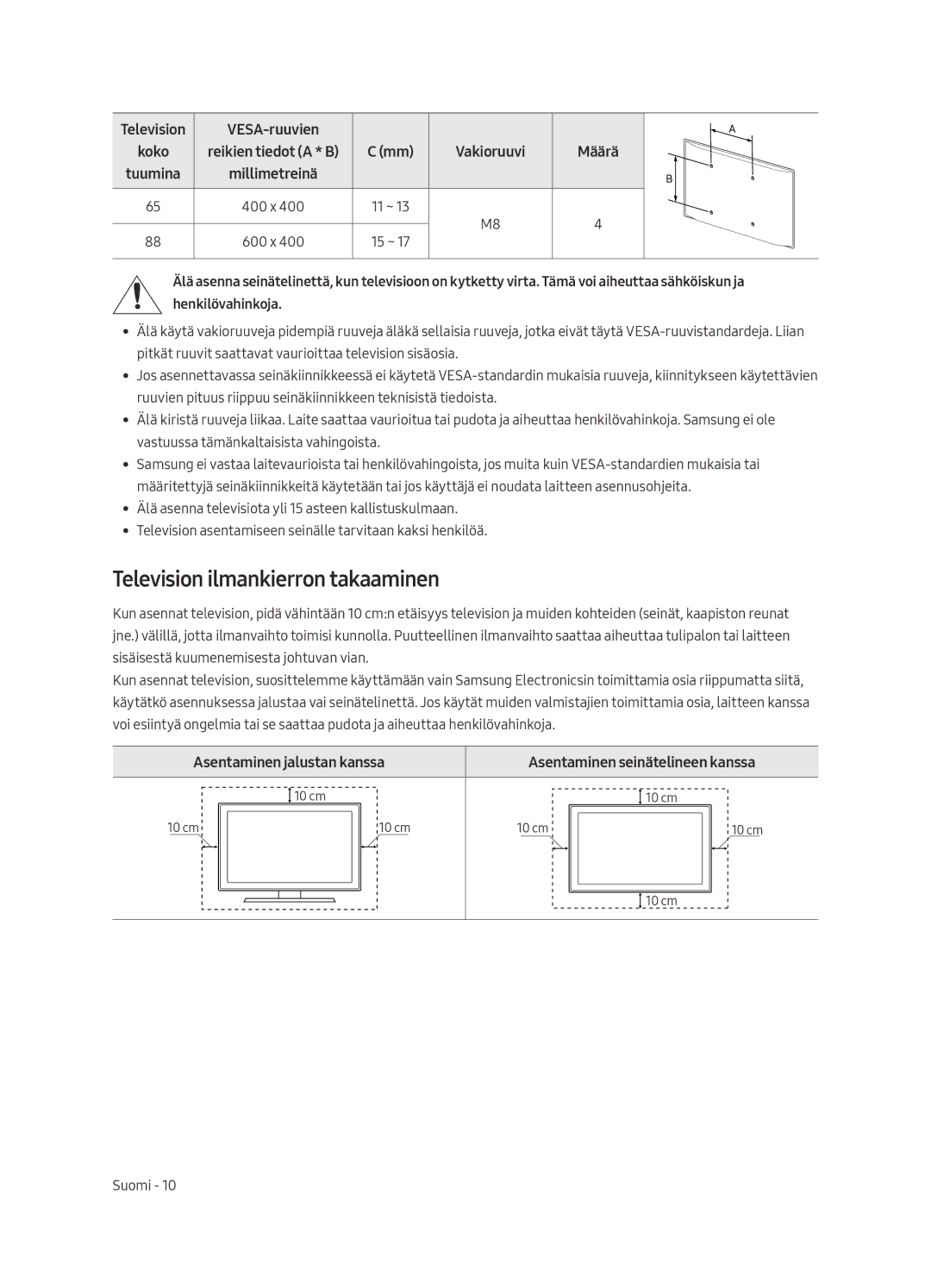 Samsung QE65Q9FAMTXXC manual Television ilmankierron takaaminen, Television VESA-ruuvien, Tuumina Millimetreinä, Määrä 