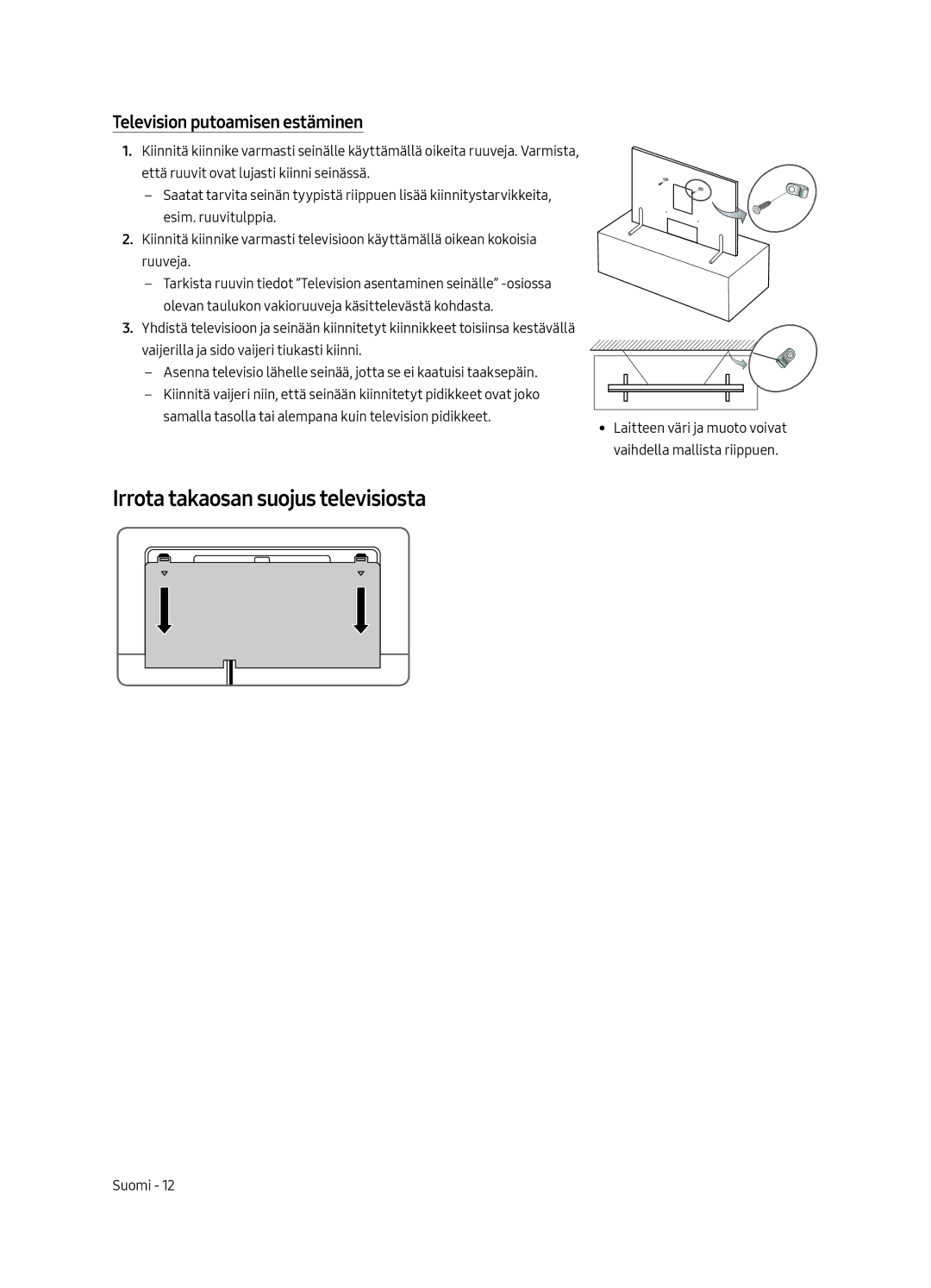 Samsung QE65Q9FAMTXXH, QE88Q9FAMTXXC, QE65Q9FAMTXXC Irrota takaosan suojus televisiosta, Television putoamisen estäminen 