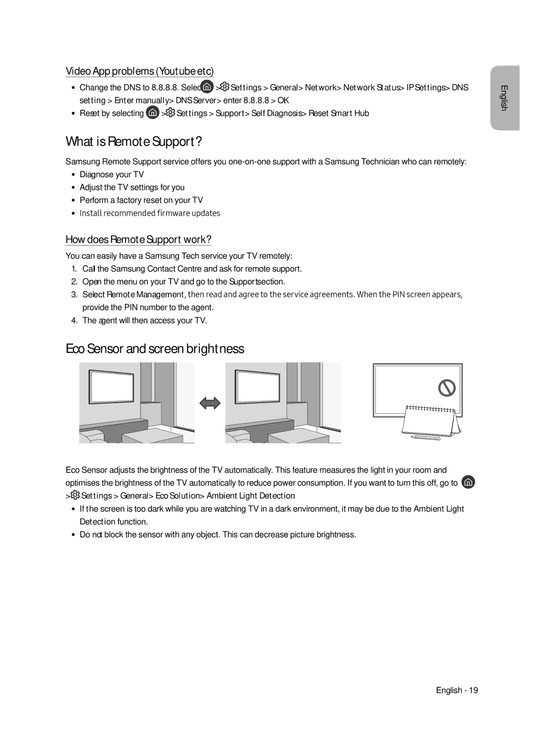 Samsung QE88Q9FAMTXXH manual What is Remote Support?, Eco Sensor and screen brightness, Video App problems Youtube etc 