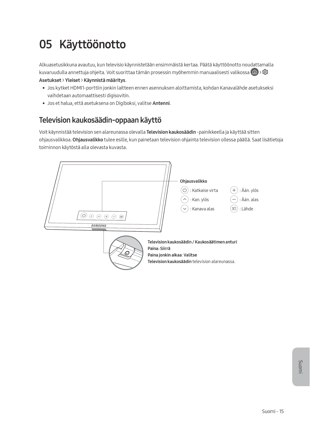 Samsung QE88Q9FAMTXXH, QE65Q9FAMTXXH, QE88Q9FAMTXXC, QE65Q9FAMTXXC 05 Käyttöönotto, Television kaukosäädin-oppaan käyttö 