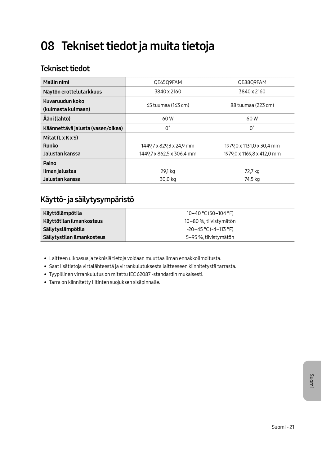 Samsung QE88Q9FAMTXXC, QE65Q9FAMTXXH, QE65Q9FAMTXXC manual Tekniset tiedot ja muita tietoja, Käyttö- ja säilytysympäristö 