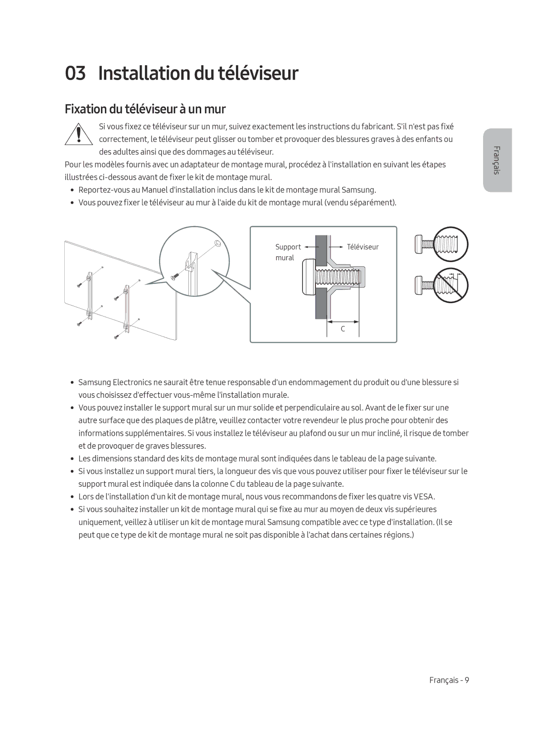 Samsung QE88Q9FAMTXXH, QE65Q9FAMTXXH, QE88Q9FAMTXXC manual Installation du téléviseur, Fixation du téléviseur à un mur 