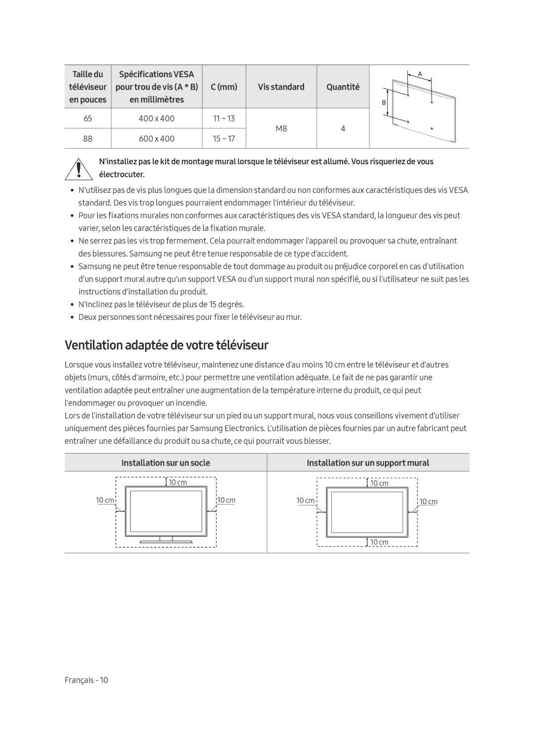 Samsung QE65Q9FAMTXXH manual Ventilation adaptée de votre téléviseur, Taille du, En millimètres, Installation sur un socle 