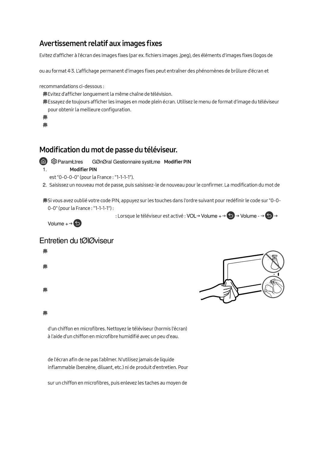 Samsung QE65Q9FAMTXXC manual Avertissement relatif aux images fixes, Modification du mot de passe du téléviseur, Volume + → 