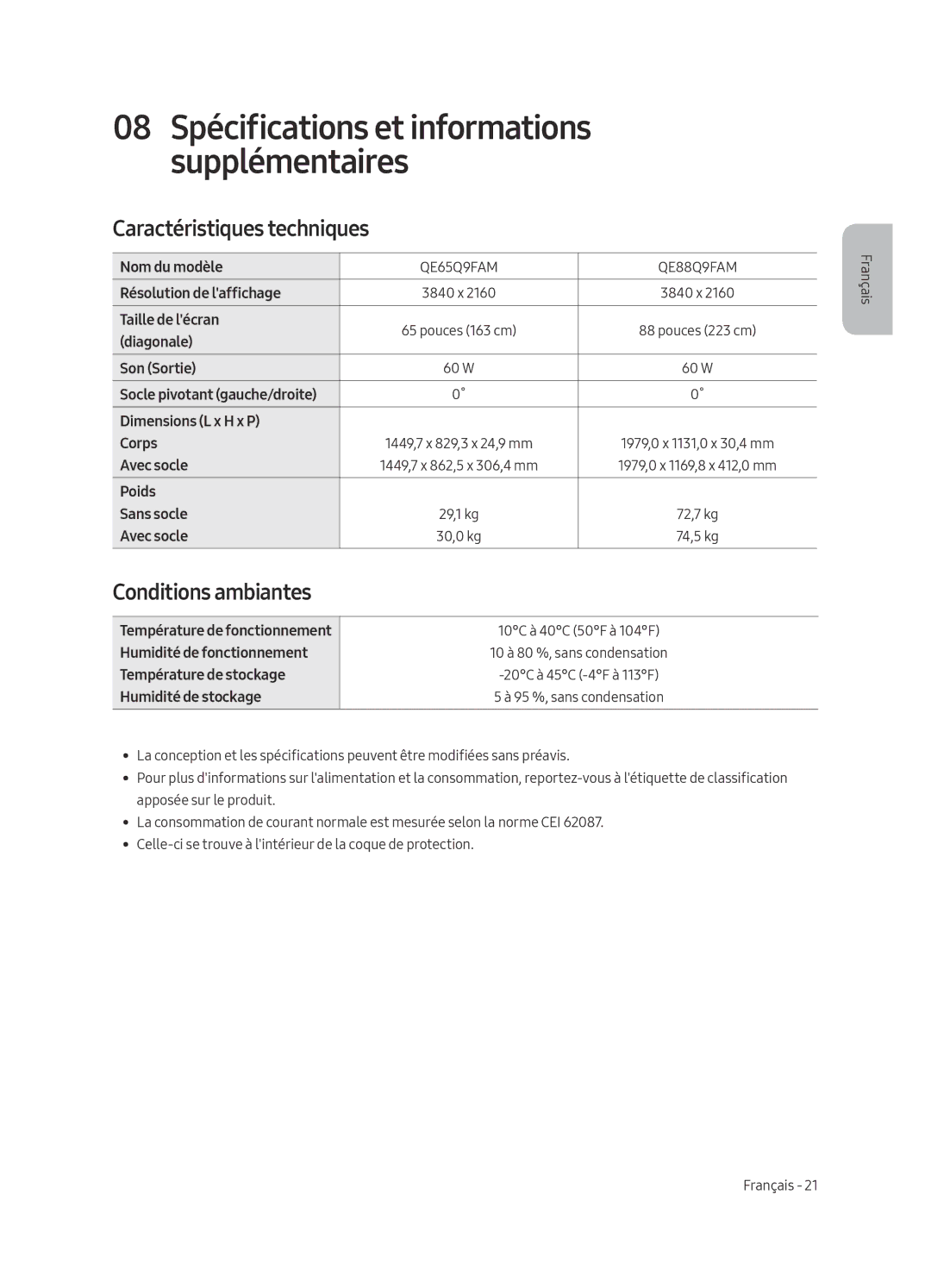 Samsung QE88Q9FAMTXXH, QE65Q9FAMTXXH, QE88Q9FAMTXXC, QE65Q9FAMTXXC manual Caractéristiques techniques, Conditions ambiantes 