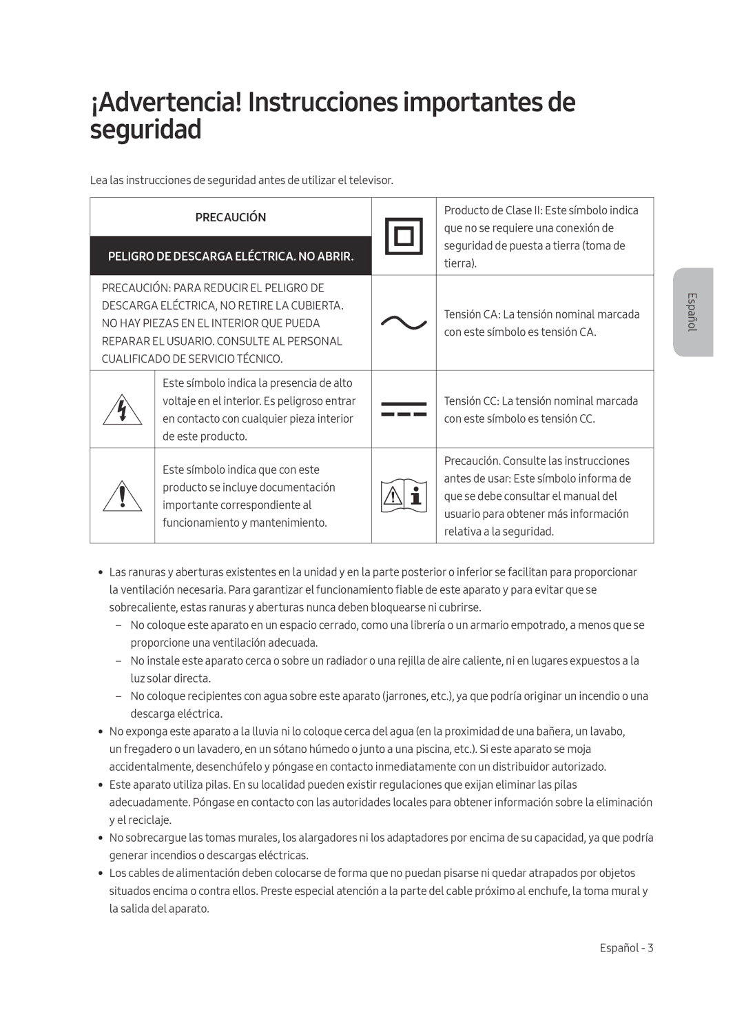 Samsung QE88Q9FAMTXXH manual ¡Advertencia! Instrucciones importantes de seguridad, No HAY Piezas EN EL Interior QUE Pueda 