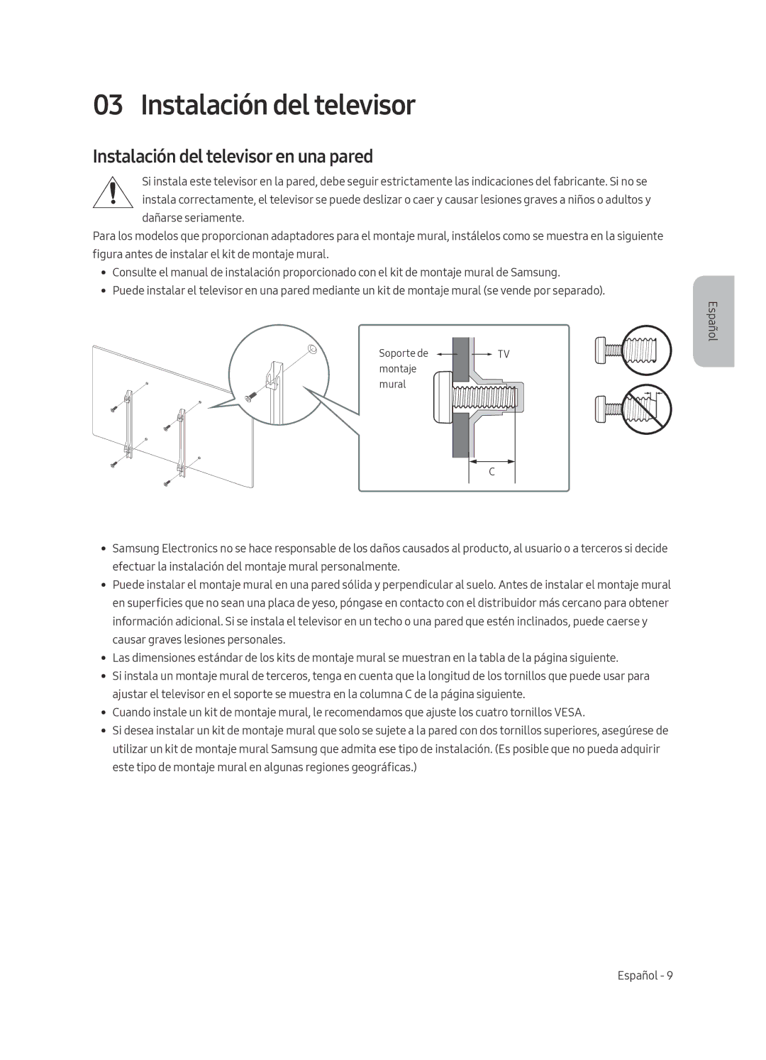 Samsung QE88Q9FAMTXXC, QE65Q9FAMTXXH, QE65Q9FAMTXXC, QE88Q9FAMTXXH manual Instalación del televisor en una pared 