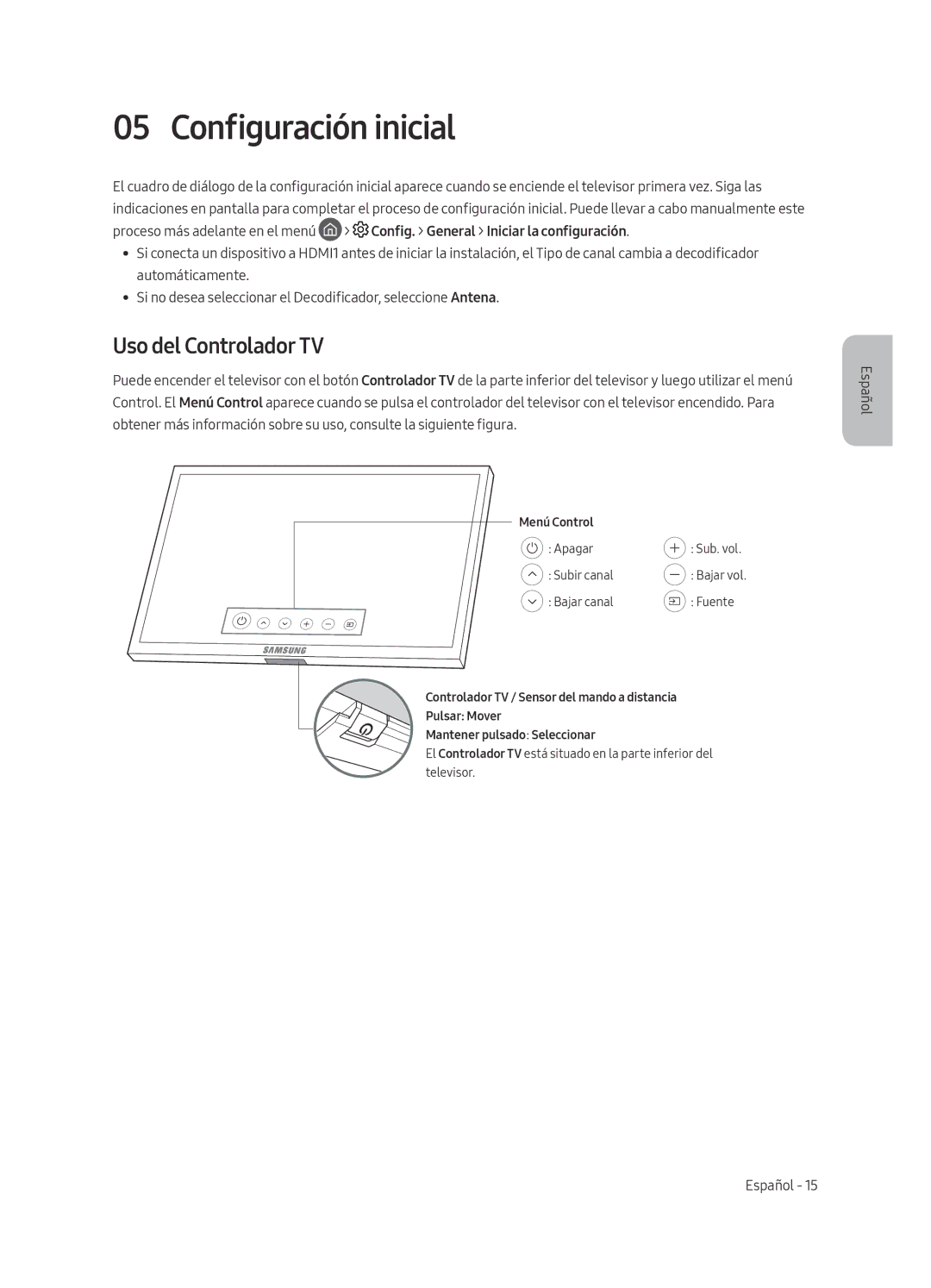 Samsung QE88Q9FAMTXXH, QE65Q9FAMTXXH, QE88Q9FAMTXXC, QE65Q9FAMTXXC manual Configuración inicial, Uso del Controlador TV 