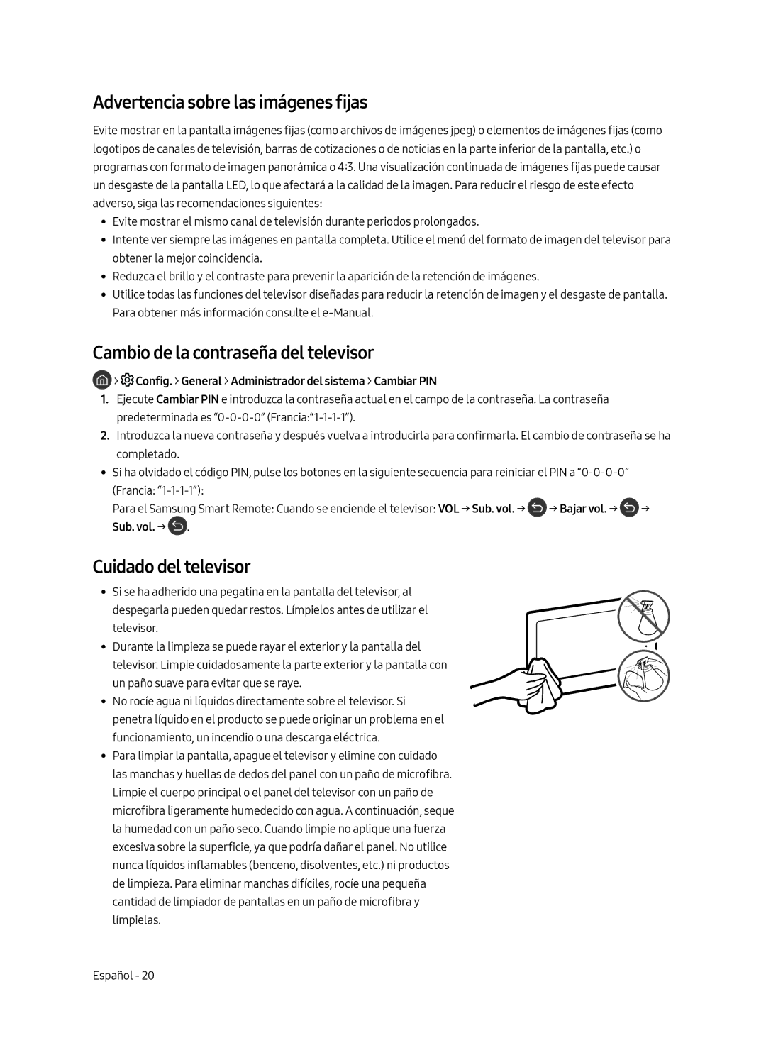 Samsung QE65Q9FAMTXXH Advertencia sobre las imágenes fijas, Cambio de la contraseña del televisor, Cuidado del televisor 