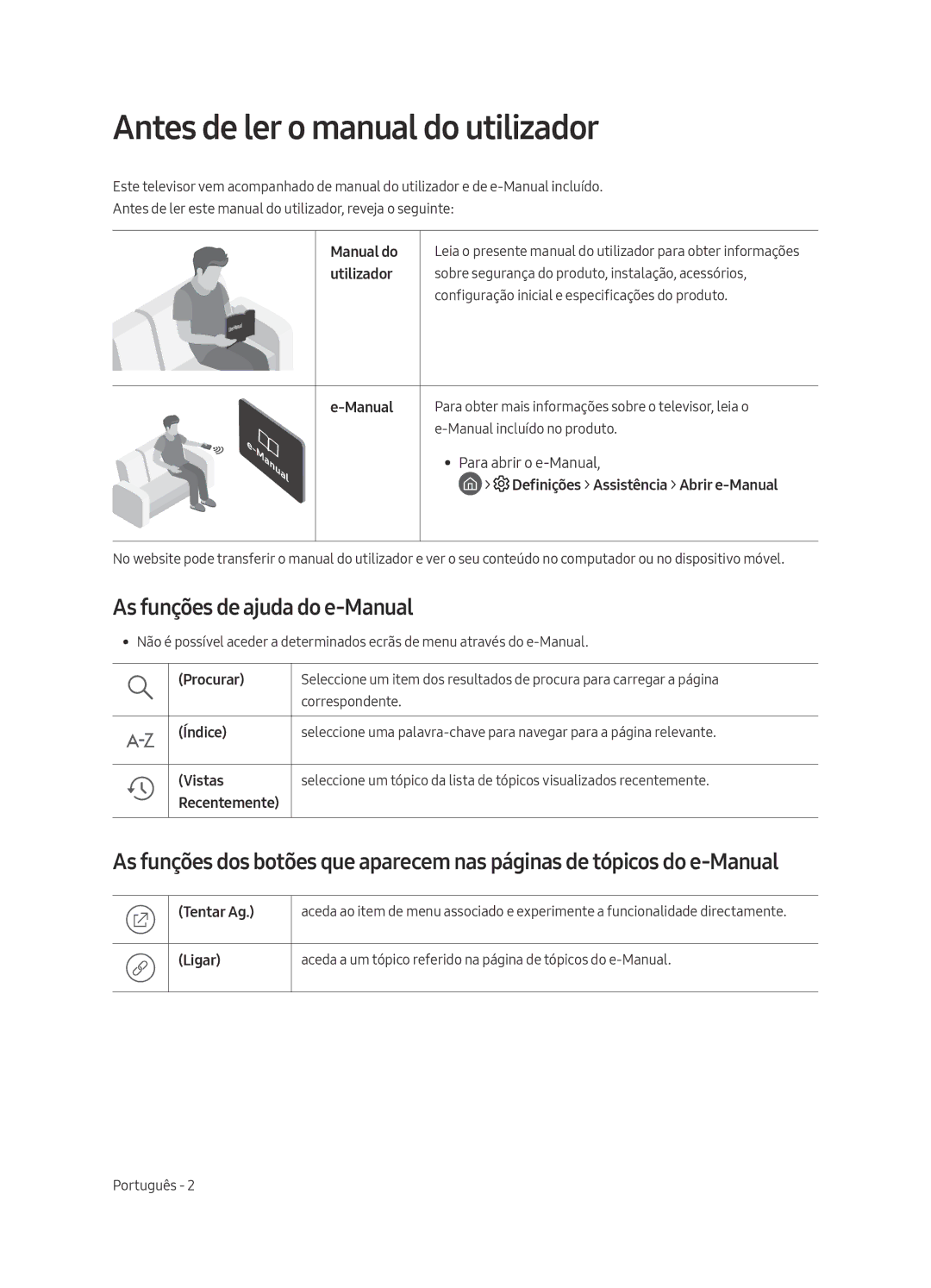 Samsung QE65Q9FAMTXXH, QE88Q9FAMTXXC, QE65Q9FAMTXXC Antes de ler o manual do utilizador, As funções de ajuda do e-Manual 