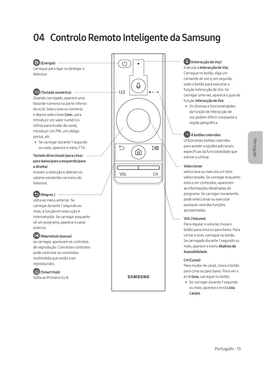 Samsung QE88Q9FAMTXXH, QE65Q9FAMTXXH, QE88Q9FAMTXXC, QE65Q9FAMTXXC manual Controlo Remoto Inteligente da Samsung, Energia 