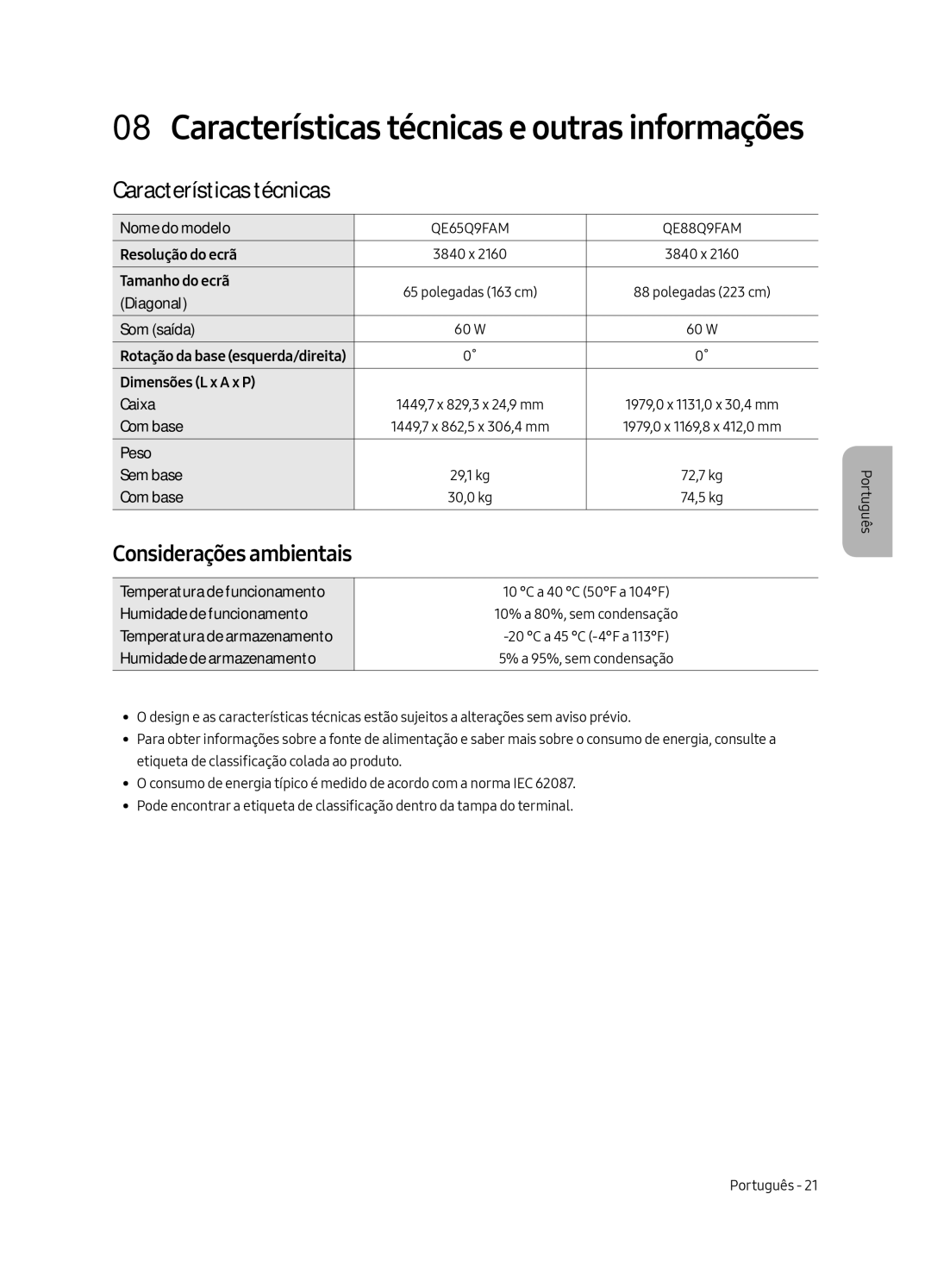 Samsung QE88Q9FAMTXXH, QE65Q9FAMTXXH, QE88Q9FAMTXXC, QE65Q9FAMTXXC manual Características técnicas, Considerações ambientais 