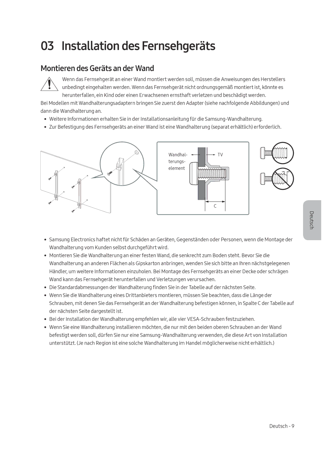 Samsung QE88Q9FAMTXXC, QE65Q9FAMTXXH, QE65Q9FAMTXXC manual Installation des Fernsehgeräts, Montieren des Geräts an der Wand 