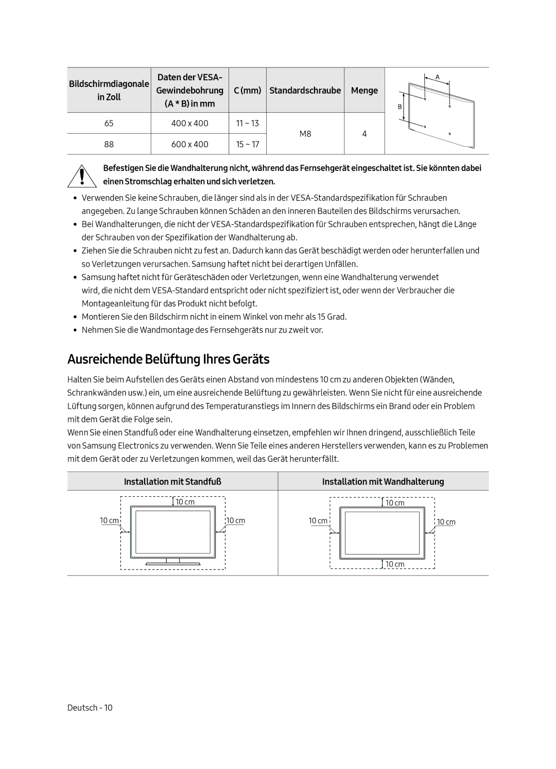 Samsung QE65Q9FAMTXXC, QE65Q9FAMTXXH, QE88Q9FAMTXXC, QE88Q9FAMTXXH manual Ausreichende Belüftung Ihres Geräts, Daten der Vesa 