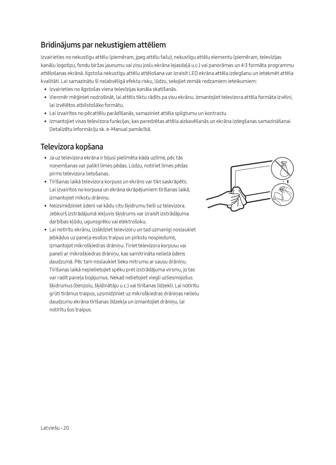 Samsung QE65Q9FAMTXXH, QE88Q9FAMTXXH manual Brīdinājums par nekustīgiem attēliem, Televizora kopšana 