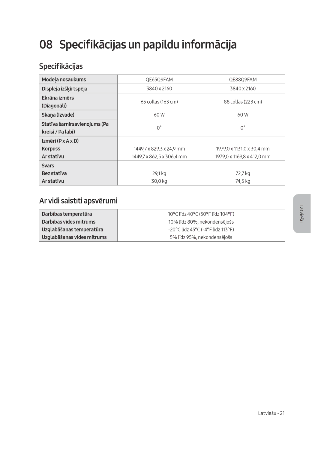 Samsung QE88Q9FAMTXXH, QE65Q9FAMTXXH manual Specifikācijas un papildu informācija, Ar vidi saistīti apsvērumi 