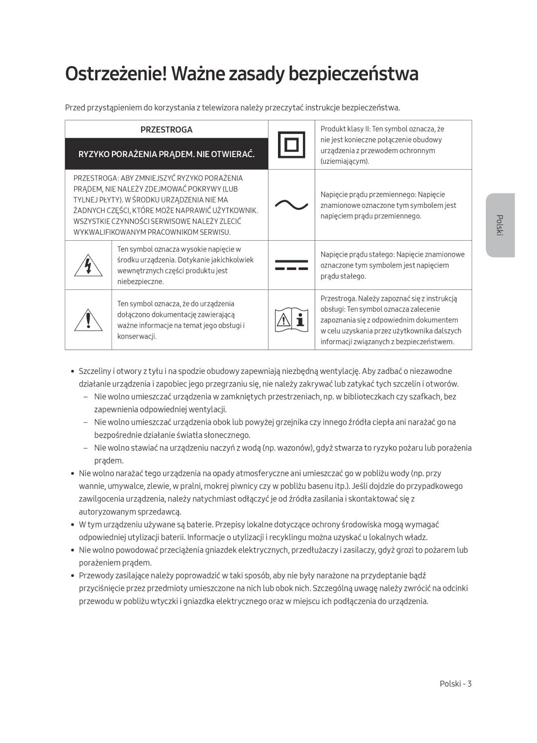 Samsung QE88Q9FAMTXXH, QE65Q9FAMTXXH manual Ostrzeżenie! Ważne zasady bezpieczeństwa, Przestroga 