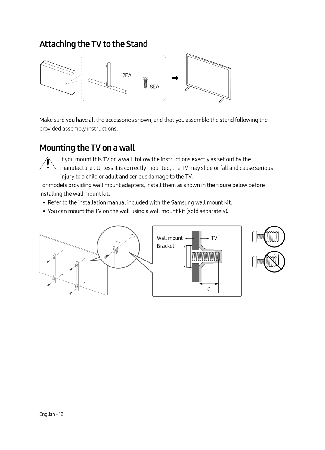 Samsung QE65Q9FAMTXXH, QE88Q9FAMTXXH manual Attaching the TV to the Stand, Mounting the TV on a wall 