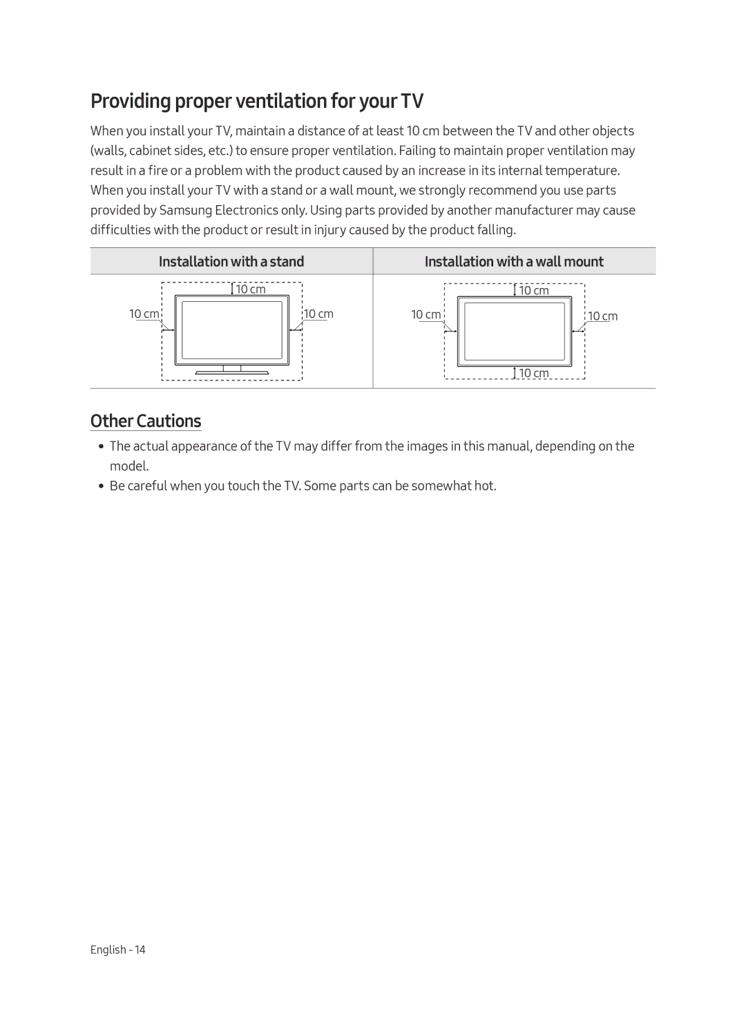 Samsung QE65Q9FAMTXXH, QE88Q9FAMTXXH manual Providing proper ventilation for your TV, Other Cautions 