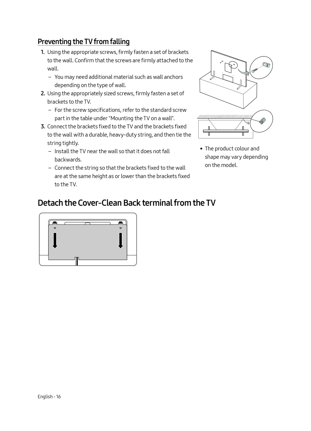 Samsung QE65Q9FAMTXXH, QE88Q9FAMTXXH manual Detach the Cover-Clean Back terminal from the TV, Preventing the TV from falling 