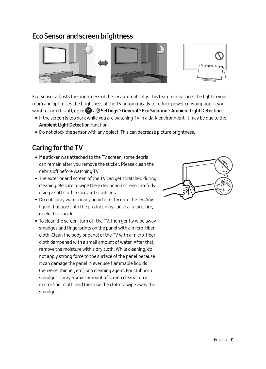 Samsung QE88Q9FAMTXXH, QE65Q9FAMTXXH manual Eco Sensor and screen brightness, Caring for the TV 