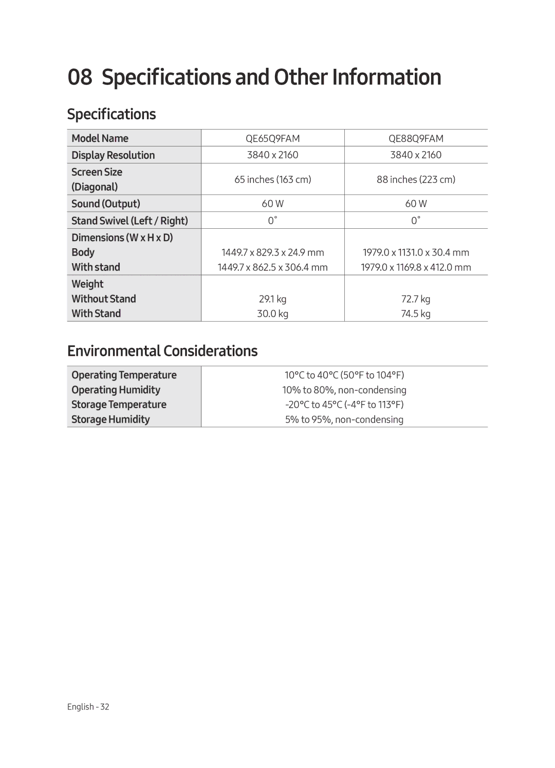 Samsung QE65Q9FAMTXXH, QE88Q9FAMTXXH manual Specifications and Other Information, Environmental Considerations 