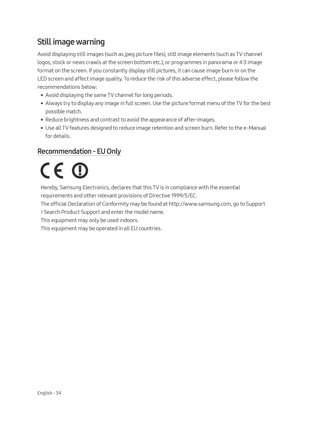 Samsung QE65Q9FAMTXXH, QE88Q9FAMTXXH manual Still image warning, Recommendation EU Only 