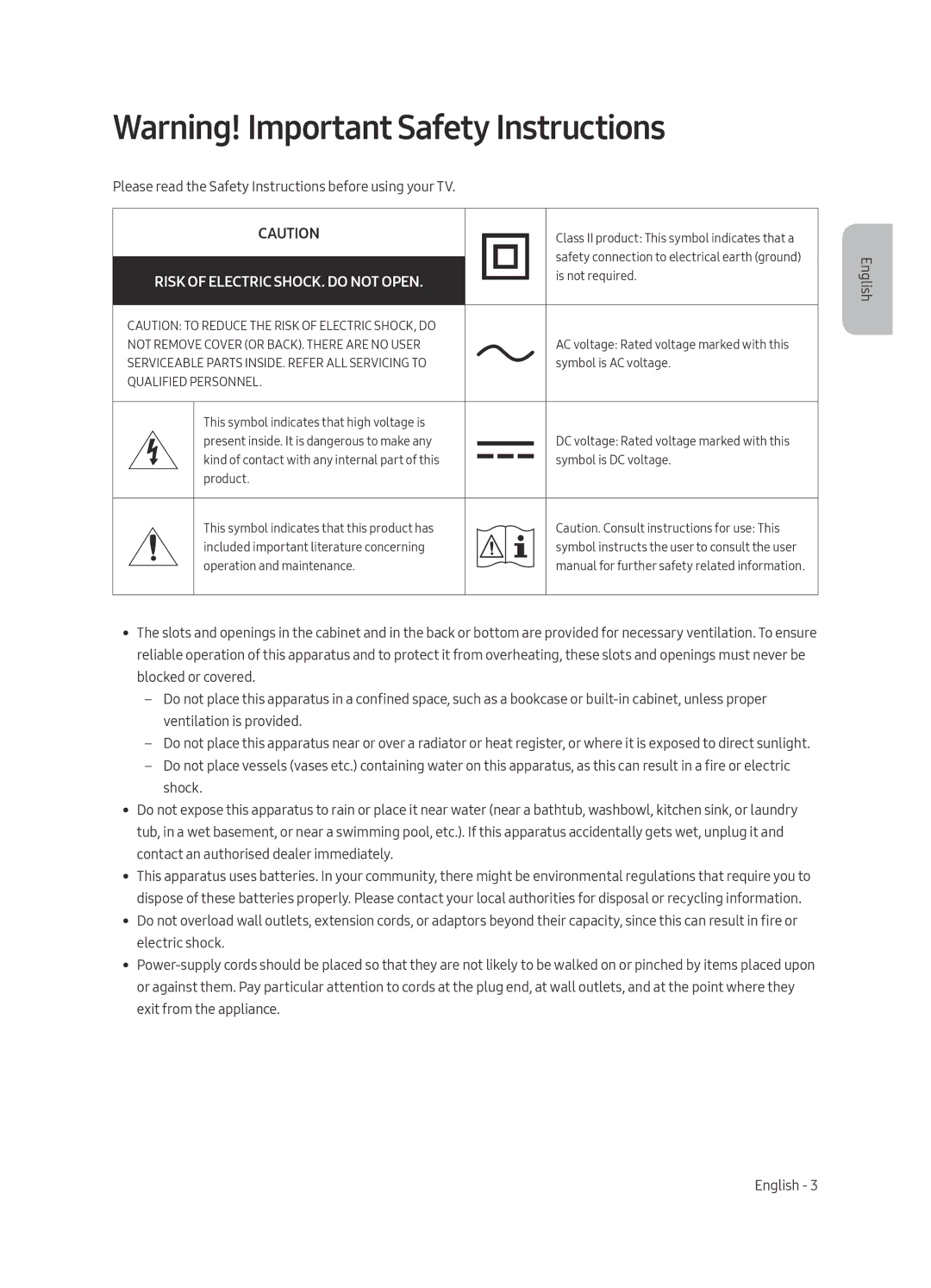 Samsung QE88Q9FAMUXRU, QE65Q9FAMUXRU manual Risk of Electric SHOCK. do not Open 