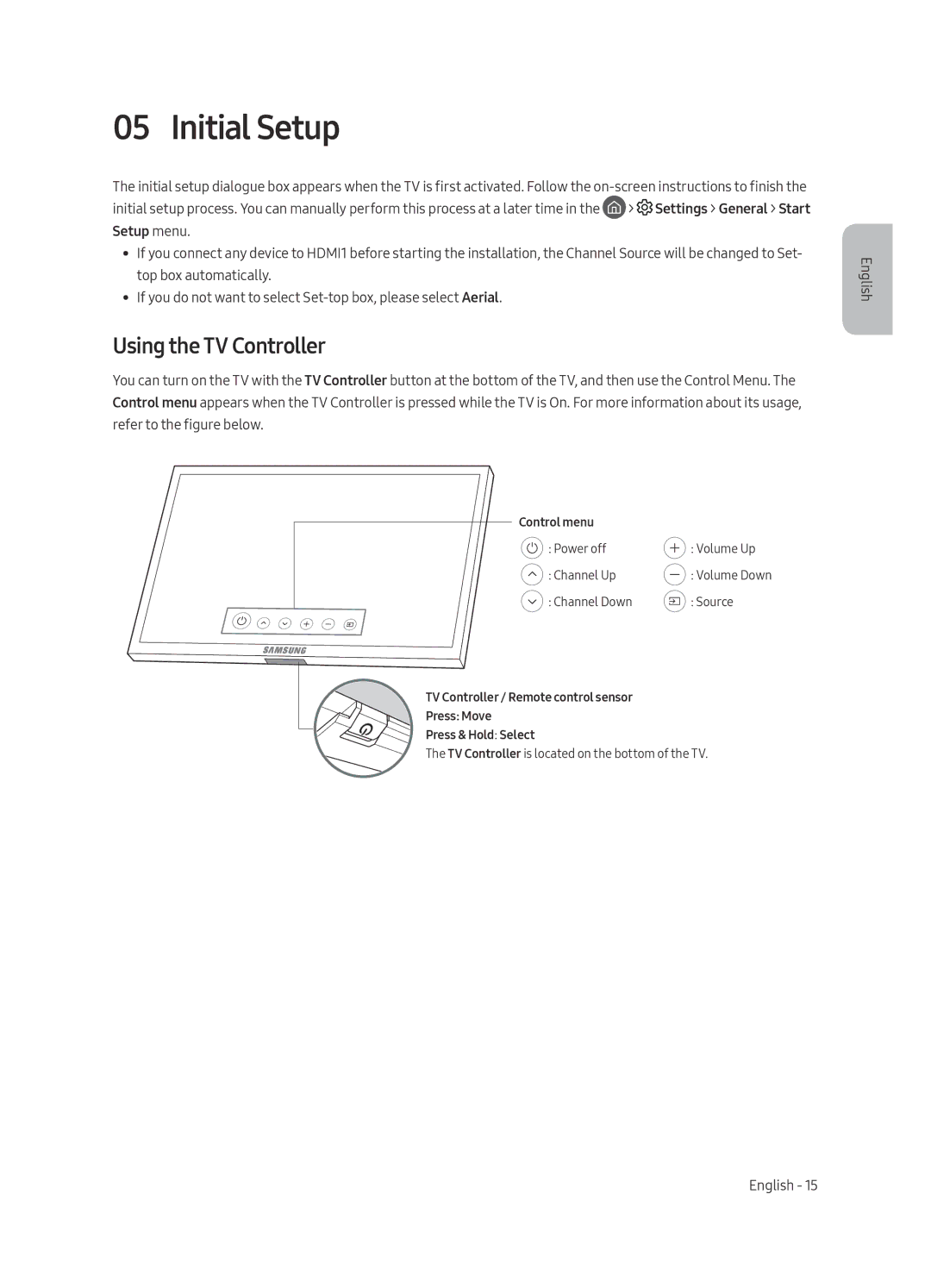 Samsung QE88Q9FAMUXRU, QE65Q9FAMUXRU manual Initial Setup, Using the TV Controller 