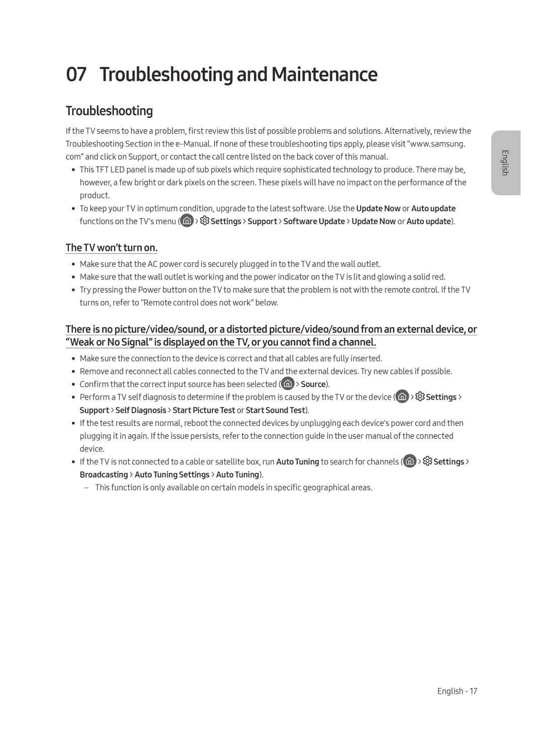 Samsung QE88Q9FAMUXRU, QE65Q9FAMUXRU manual Troubleshooting and Maintenance, TV won’t turn on 