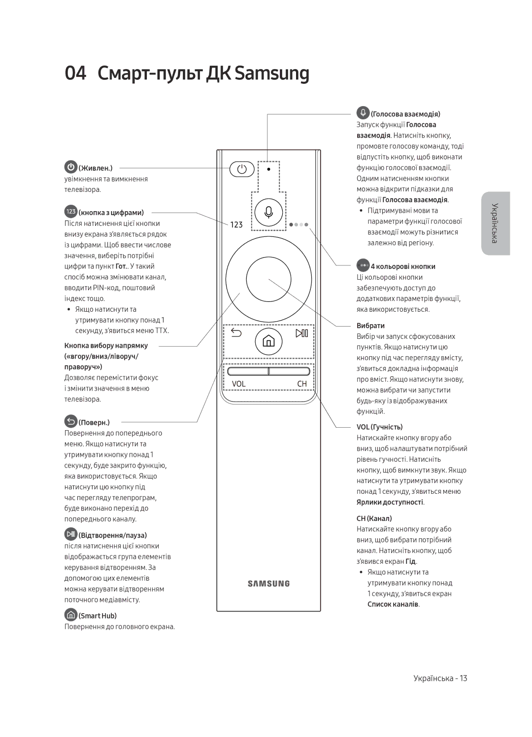 Samsung QE88Q9FAMUXRU, QE65Q9FAMUXRU manual 04 Смарт-пульт ДК Samsung, Живлен. увімкнення та вимкнення телевізора 