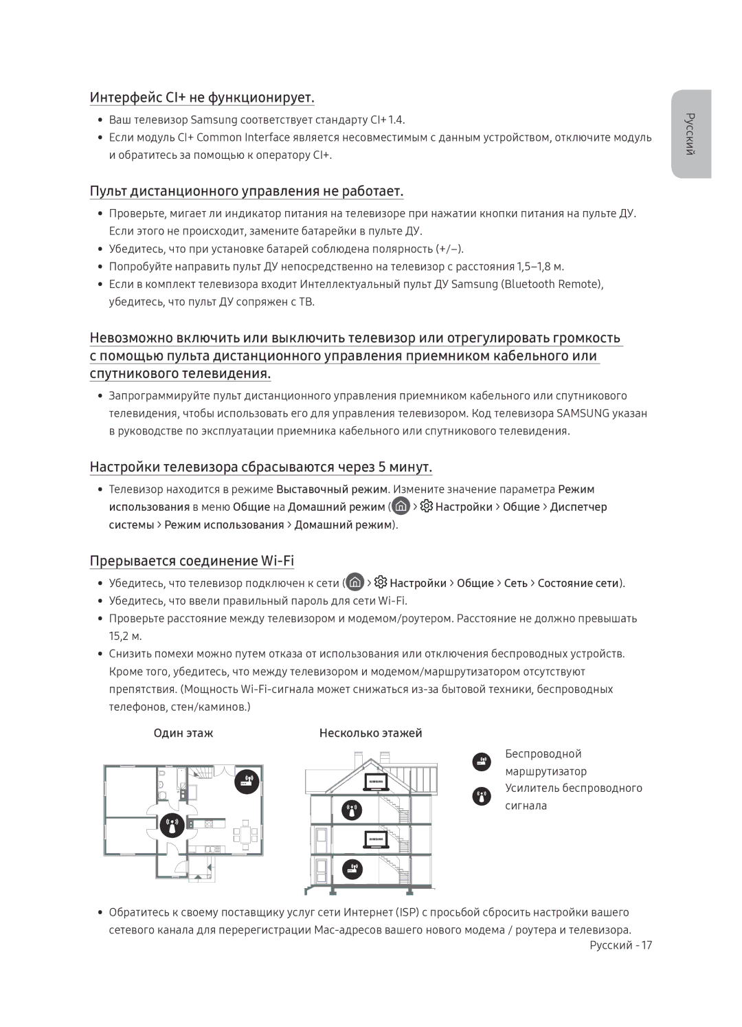 Samsung QE65Q9FNAUXRU manual Интерфейс CI+ не функционирует, Пульт дистанционного управления не работает, Один этаж 