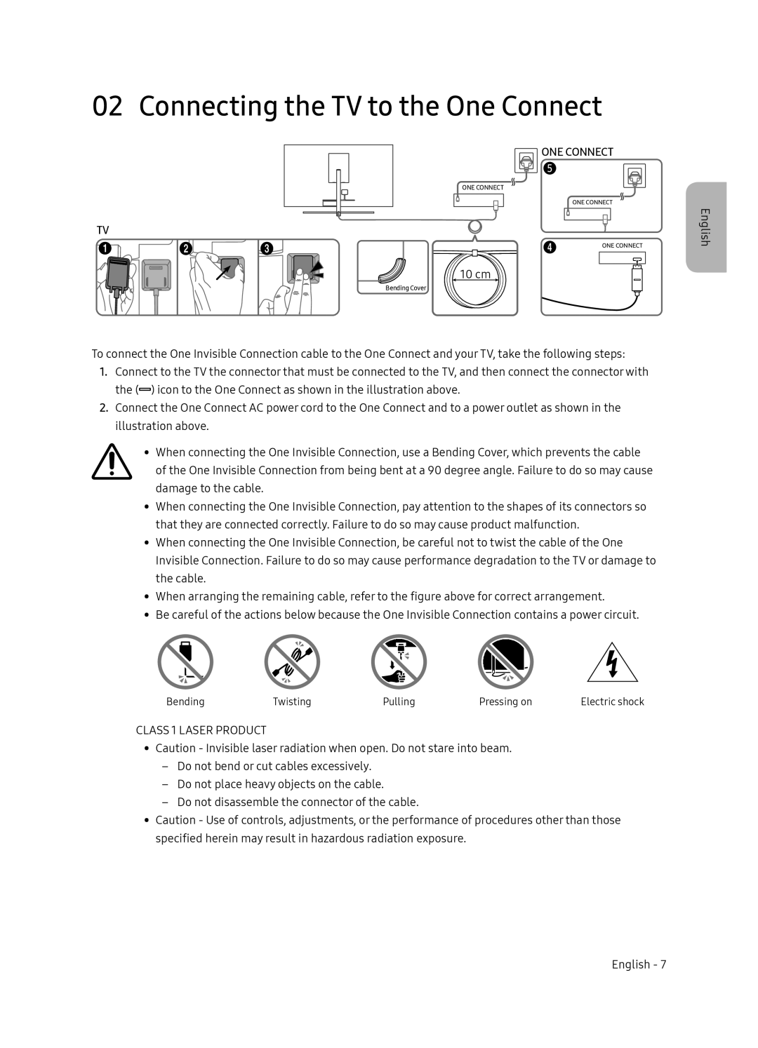 Samsung QE65Q9FNAUXRU manual Connecting the TV to the One Connect, Class 1 Laser Product 