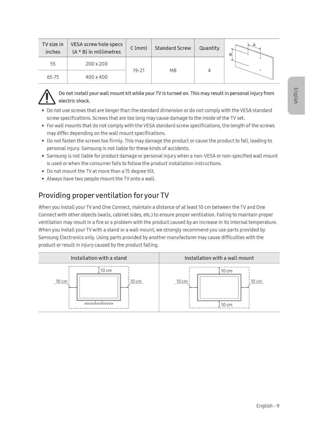 Samsung QE65Q9FNAUXRU Providing proper ventilation for your TV, Installation with a stand Installation with a wall mount 