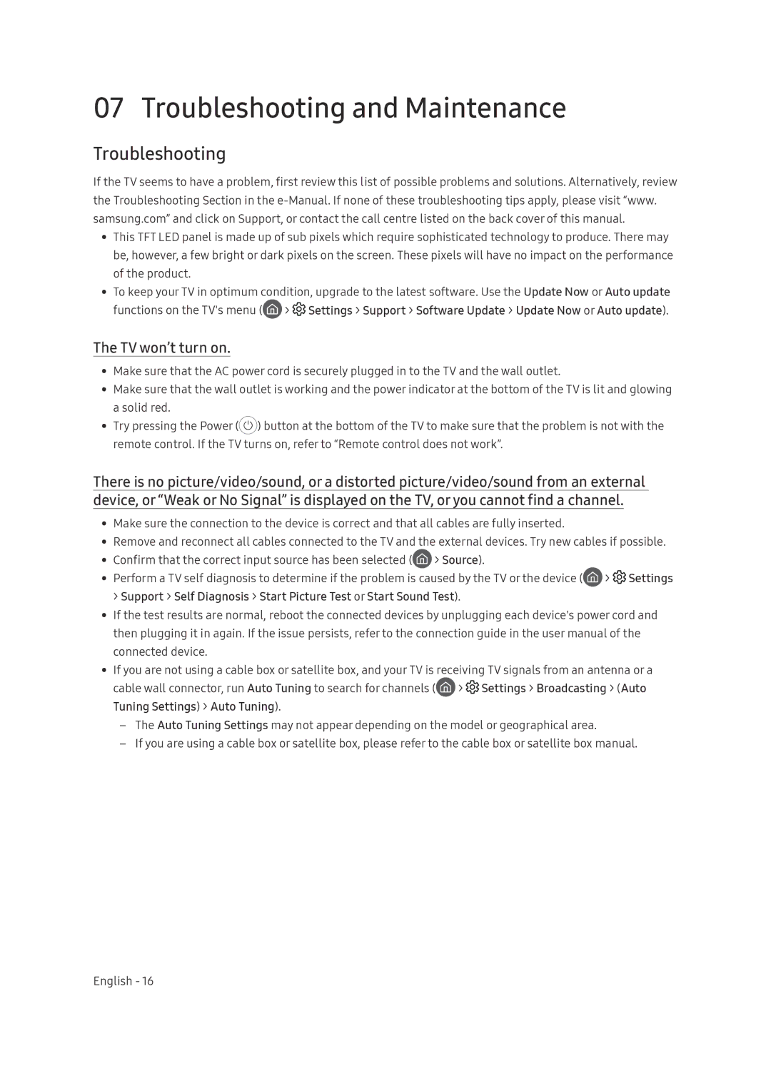 Samsung QE65Q9FNAUXRU manual Troubleshooting and Maintenance, TV won’t turn on 