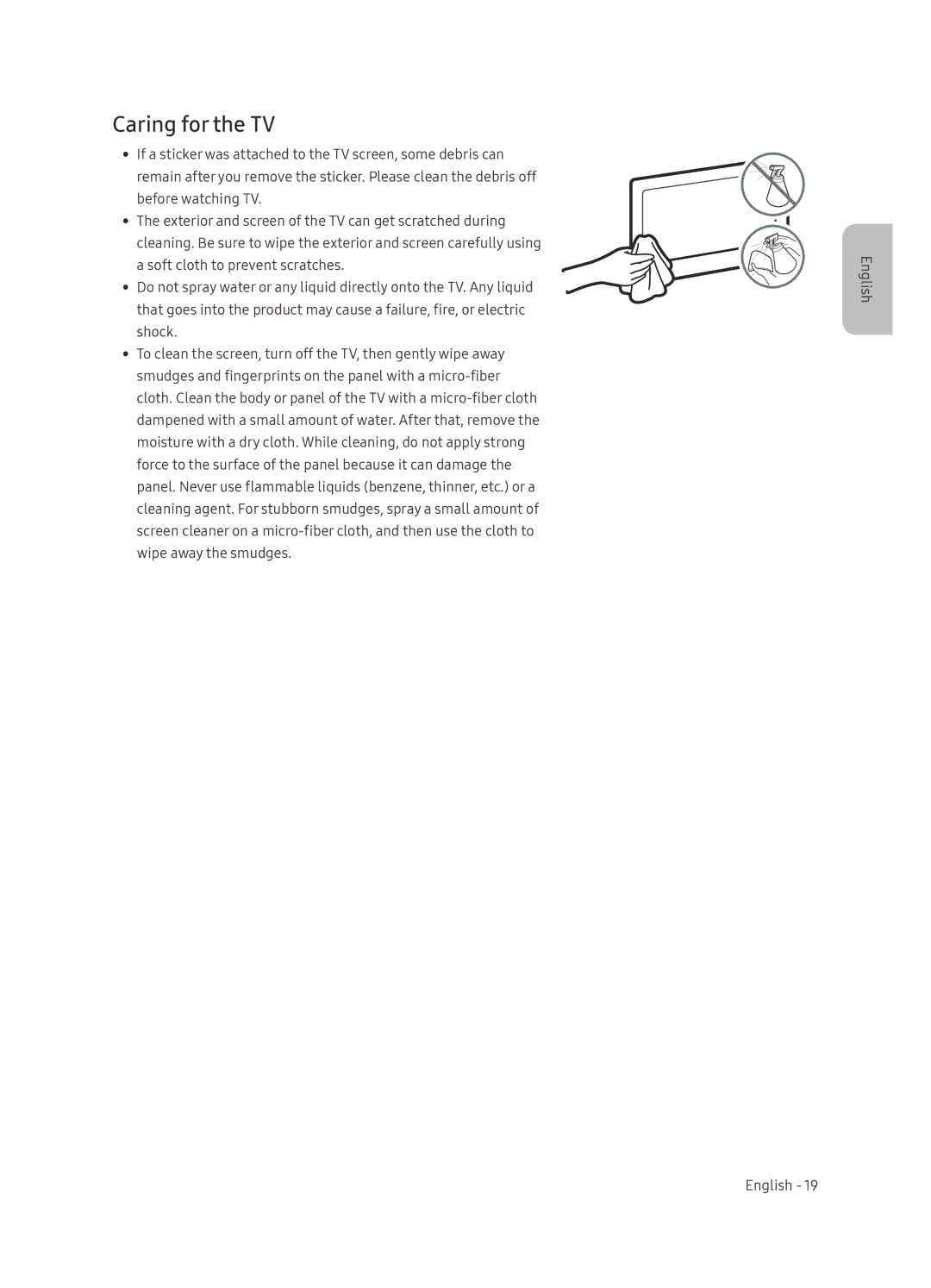 Samsung QE65Q9FNAUXRU manual Caring for the TV 