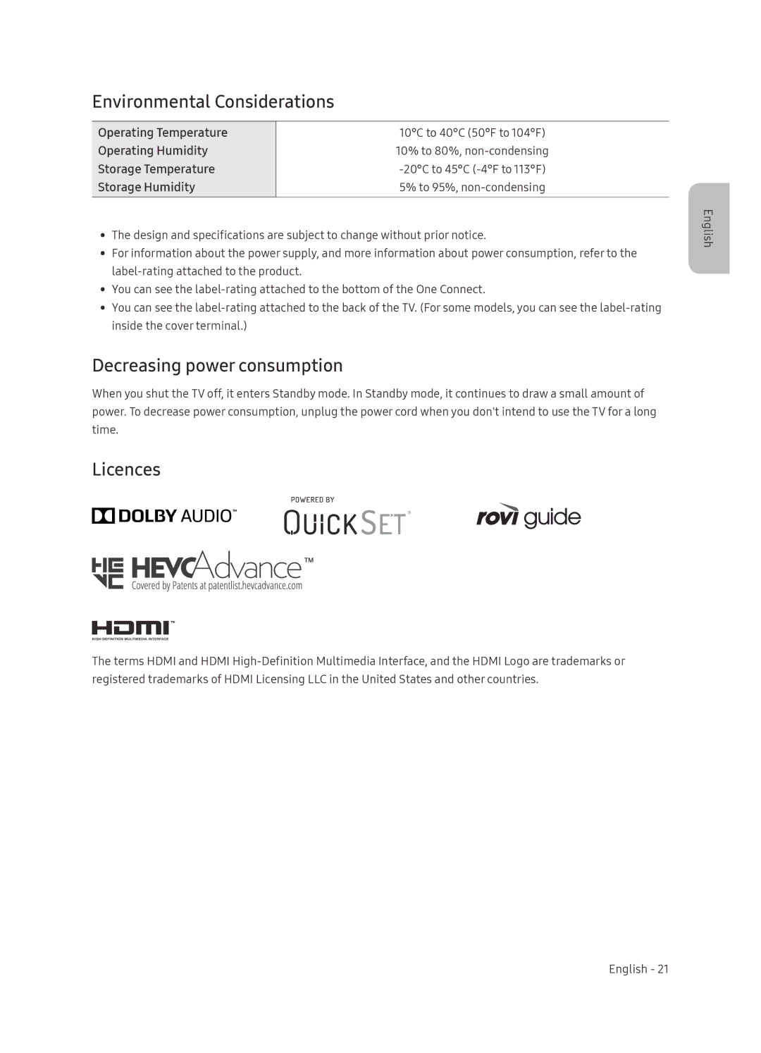 Samsung QE65Q9FNAUXRU manual Environmental Considerations, Decreasing power consumption, Licences 