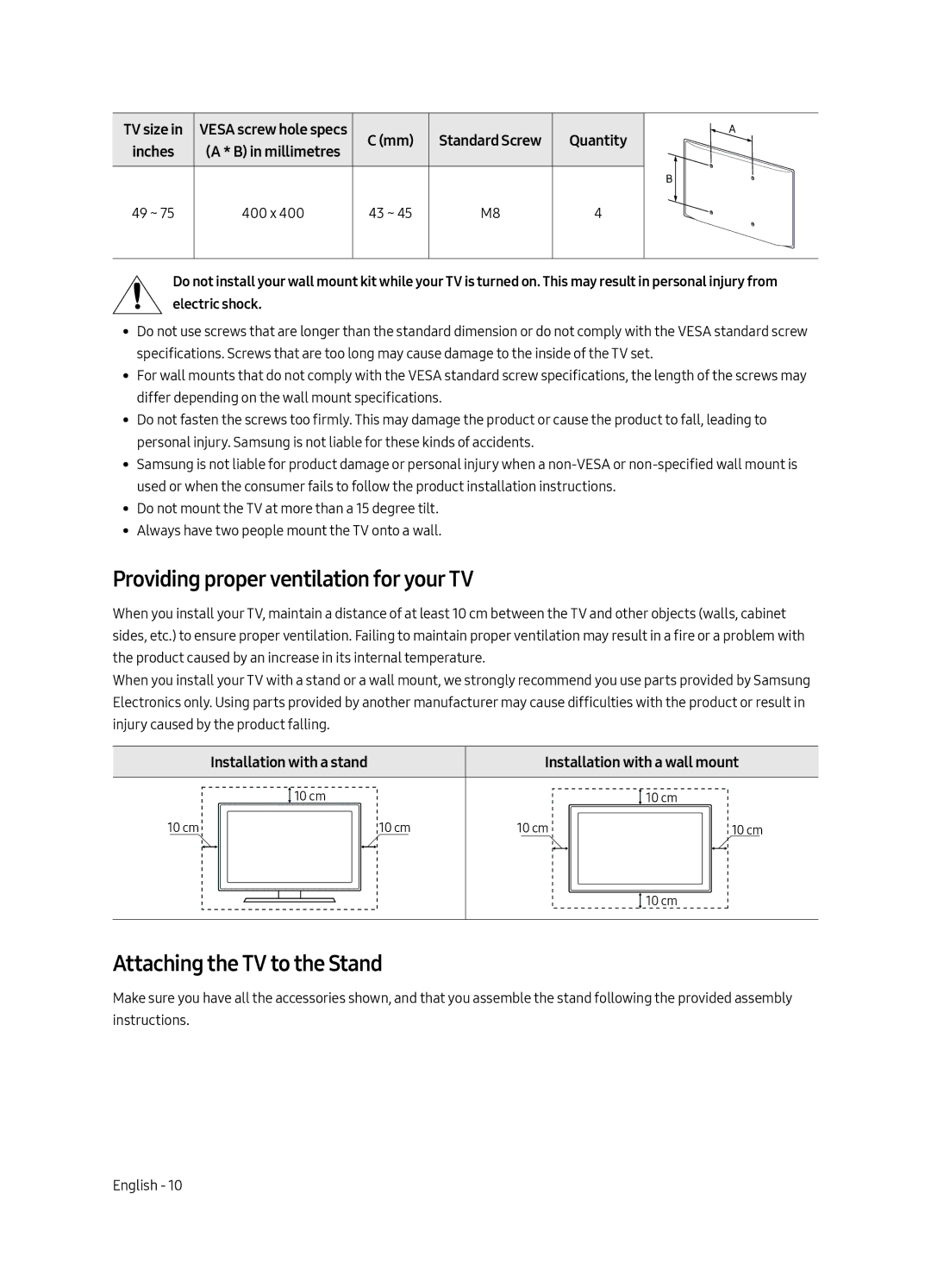 Samsung QE55Q7FAMLXXN, QE75Q7FAMLXXN, QE49Q7FAMLXXN Providing proper ventilation for your TV, Attaching the TV to the Stand 