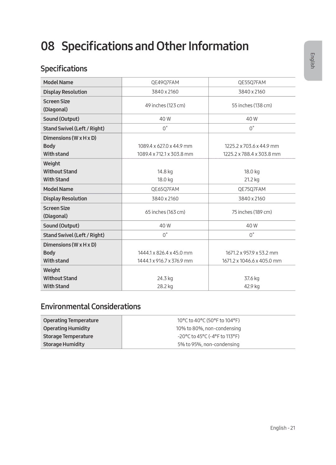 Samsung QE49Q7FAMLXXN, QE75Q7FAMLXXN, QE55Q7FAMLXXN manual Specifications and Other Information, Environmental Considerations 